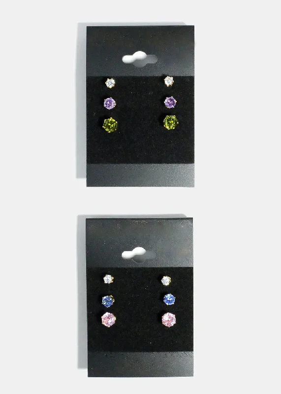 Screw Back Stud Earrings for Security -3-Pair Multi Size & Multi Color Rhinestone Stud Earrings