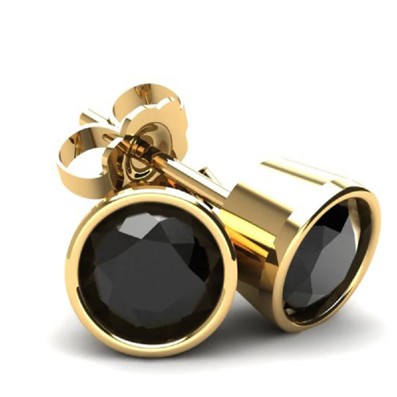 Heavy Duty Stud Earrings for Durability -.40Ct Round Brilliant Cut Heat Treated Black Diamond Stud Earrings in 14K Gold Round Bezel Setting