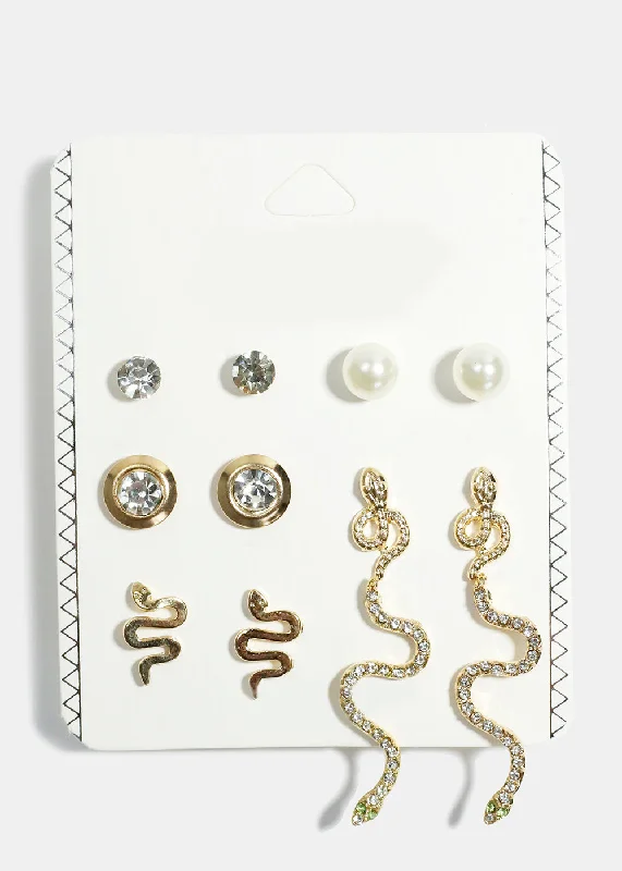 Double Stud Earrings for Impact -6-Pair Rhinestone & Snake Stud Earrings