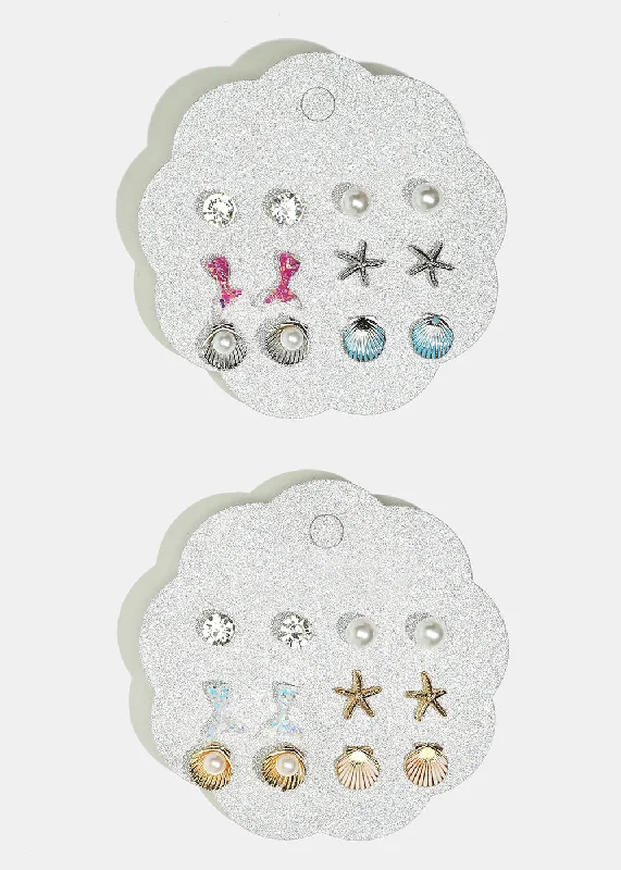 Stud Earrings with Crystals -6-Pair Seashell Stud Earrings