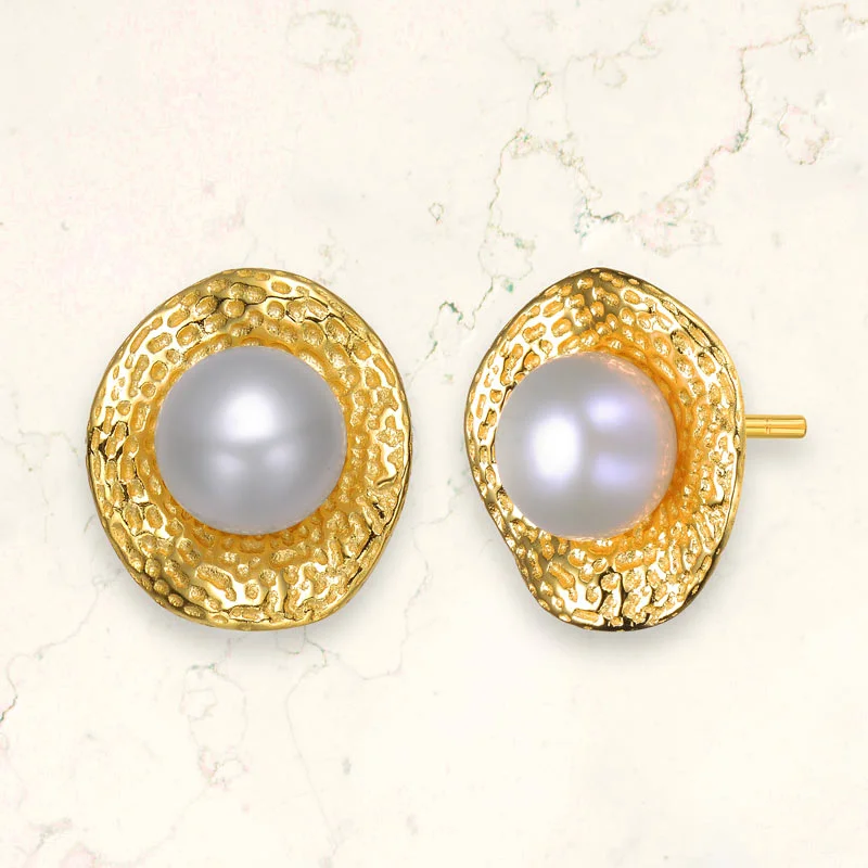 Oval Stud Earrings for Grace -Delphine Pearl Golden Boho Stud Earrings