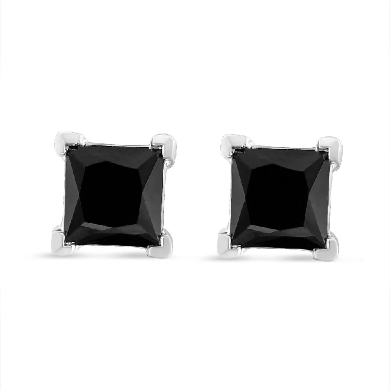 Heavy Duty Stud Earrings for Durability -.925 Sterling Silver Princess-Cut Square Black Diamond Classic 4-Prong Stud Earrings with Screw Backs