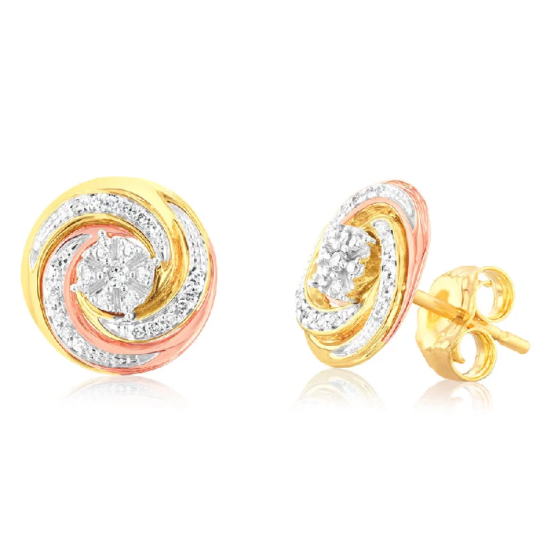 Stud Earrings with Animal Motifs -9ct 3-Tone 1/10 Carat Diamond Swirl Stud Earrings with 50 Round Brilliant Diamonds