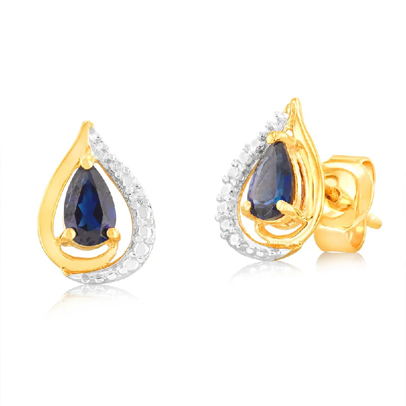 Diamond Stud Earrings for Luxury -9ct Yellow Gold Created Sapphire 5x3mm & Diamond Stud Earrings