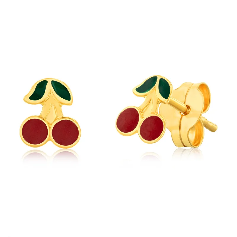 Double Stud Earrings for Impact -9ct Yellow Gold Enamel Pair Of Cherries Stud Earrings