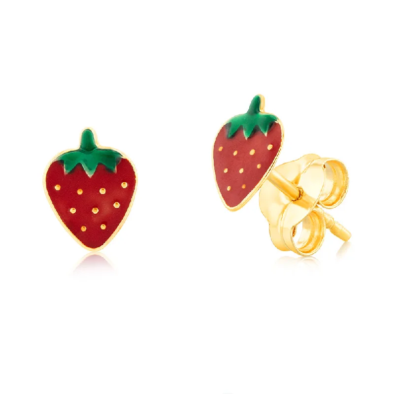 Nickel Free Stud Earrings for Safety -9ct Yellow Gold Enamel Strawberry Stud Earrings