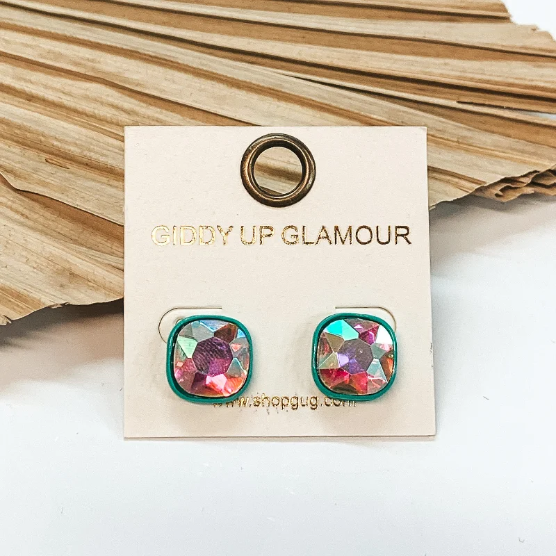 Stud Earrings for Party Look -AB Cushion Cut Crystal Stud Earrings in Turquoise