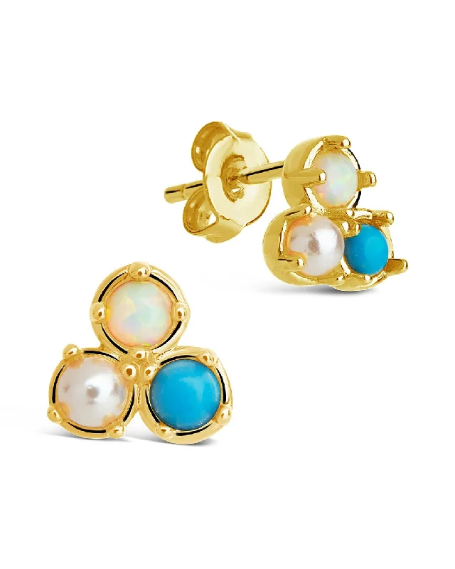 Stud Earrings for Engagement Party -Bermuda Opal, Pearl, & Turquoise Triple Stud Earrings