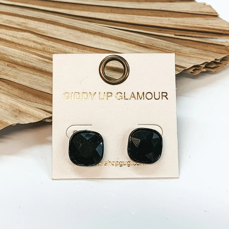 Stud Earrings for Formal Attire -Black Cushion Cut Crystal Stud Earrings in Black