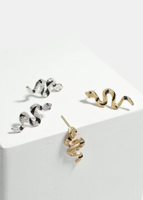 Triple Stud Earrings for Layered -Black Swirl Snake Stud Earrings