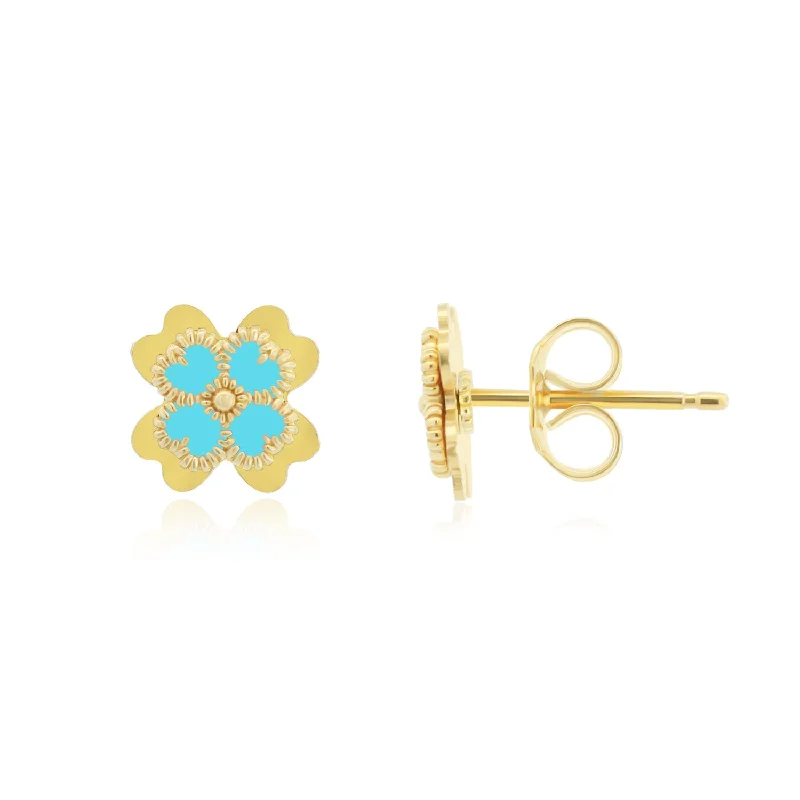 Stud Earrings with Hammered Finish -Blue Enamel Four Leaf Clover Stud Earrings