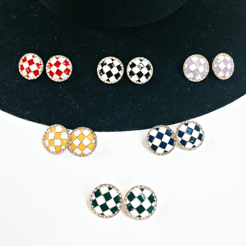 Floral Stud Earrings with Petals -Buy 3 for $10 | Checkered Plaid Stud Earrings with Crystals in Gold Tone