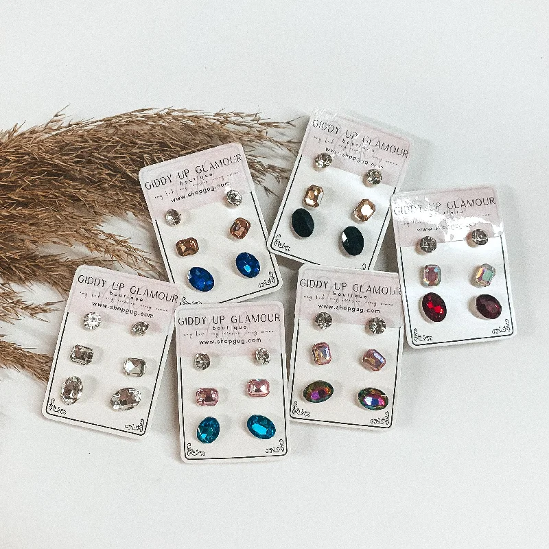 Heart Shaped Stud Earrings for Love -Buy 3 for $10 | Pack of Three | Faux Crystal Stud Earrings in Ovals