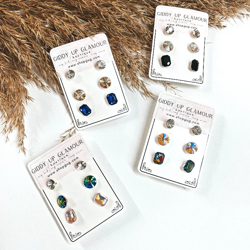 Oval Stud Earrings for Grace -Buy 3 for $10 | Pack of Three | Faux Crystal Stud Earrings in Rectangles