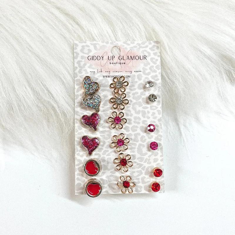 Stud Earrings with Chevron Designs -Buy 3 for $10 | Set of Nine | Heart and Flower Stud Earrings in Pink and Red Mix