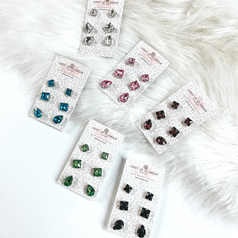 Crystal Stud Earrings for Sparkle -Buy 3 for $10 | Set of Three | Faux Crystal Stud Earrings in Silver Tone Setting