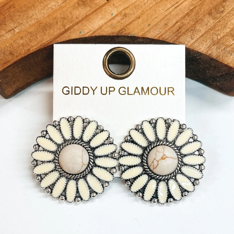 Diamond Stud Earrings for Luxury -Circle Concho Cluster Epoxy Stud Earrings in Ivory