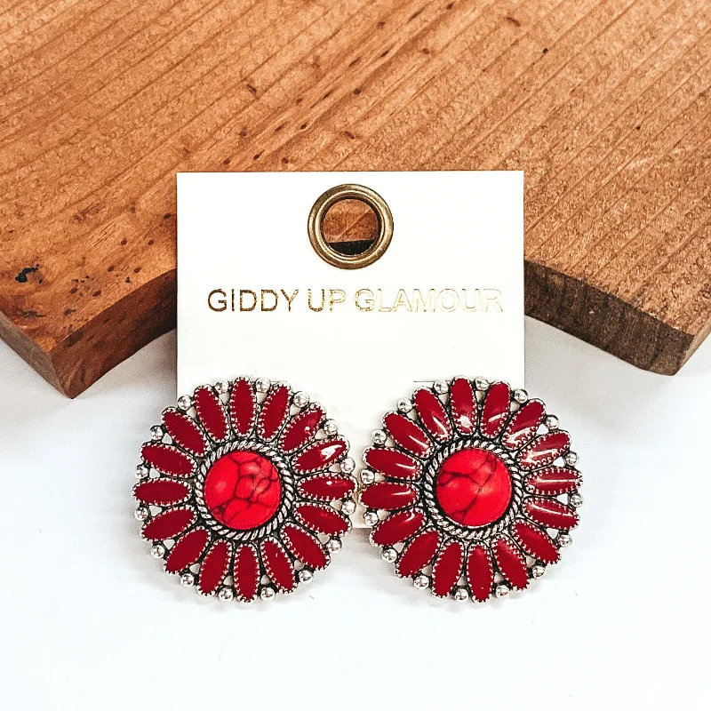 Stud Earrings with Embossed Patterns -Circle Concho Cluster Epoxy Stud Earrings in Red