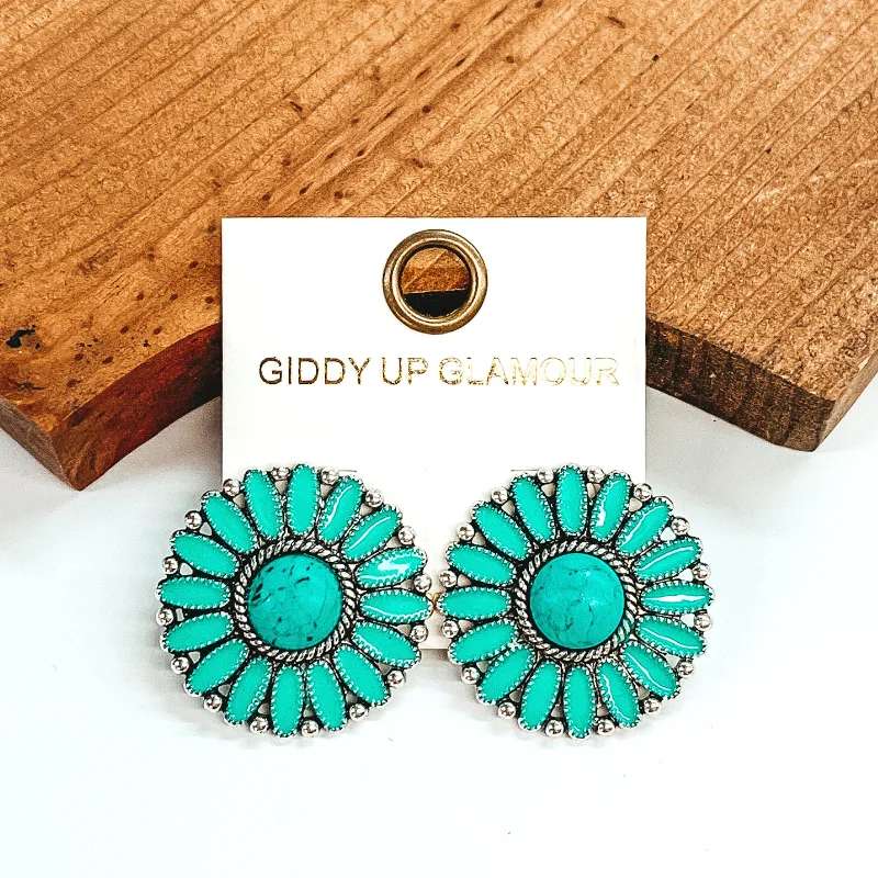 Stud Earrings for Wedding Ceremony -Circle Concho Cluster Epoxy Stud Earrings in Turquoise