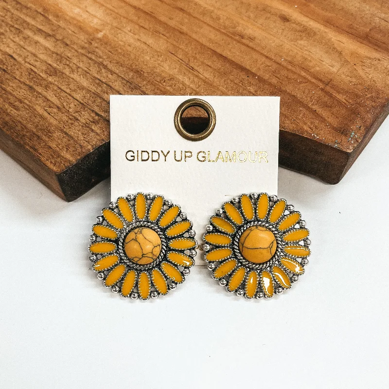 Stud Earrings for Prom Night -Circle Concho Cluster Epoxy Stud Earrings in Yellow