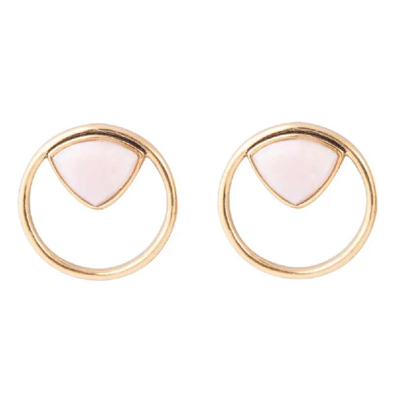 Triangular Stud Earrings for Edge -Circle Pink Opal and Golden Bronze Post Stud Earrings