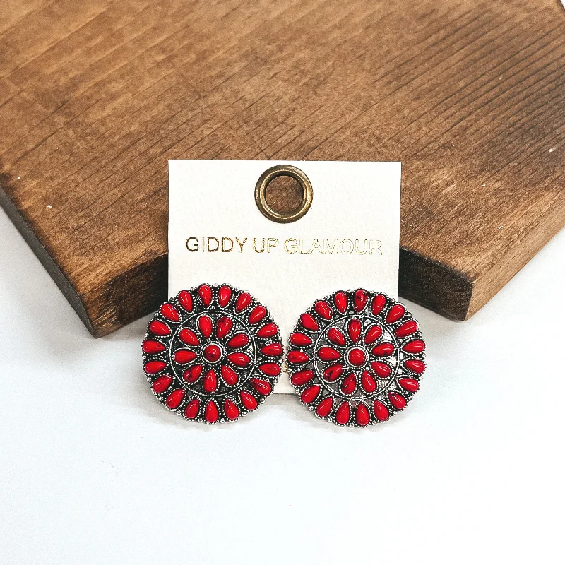 Stud Earrings for Valentine's Day -Silver Circle Cluster Stud Earrings with Red Stones