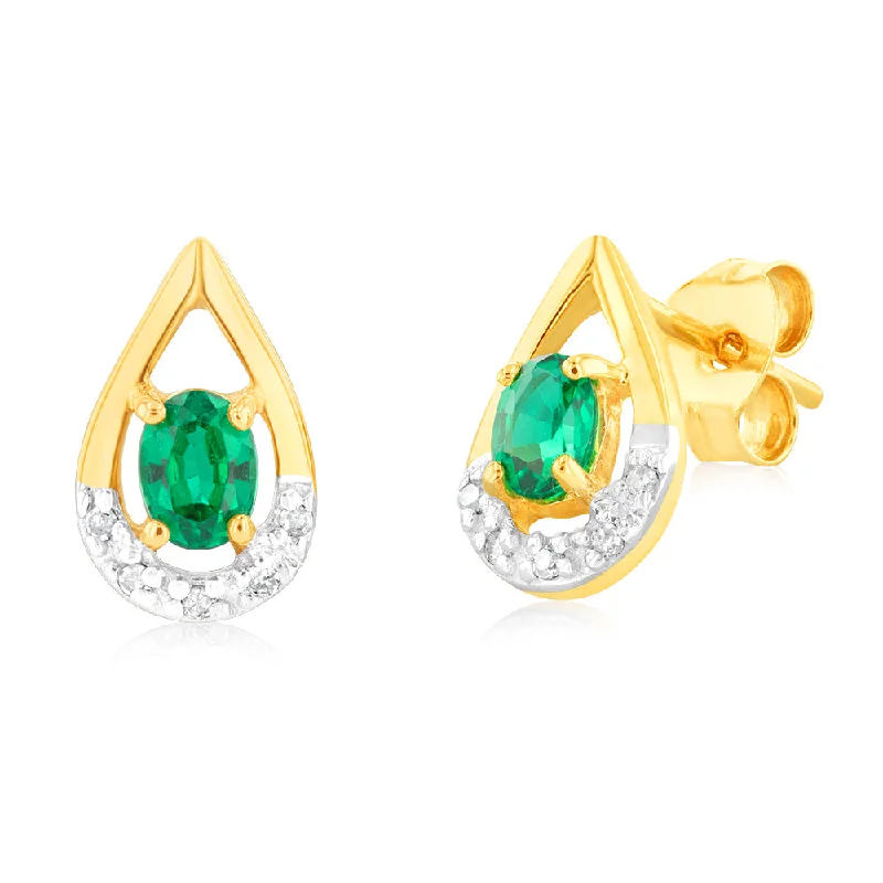 Bohemian Stud Earrings with Tassels -Created Oval 4x3mm Emerald & Diamond Stud Earrings in 9ct Yellow Gold