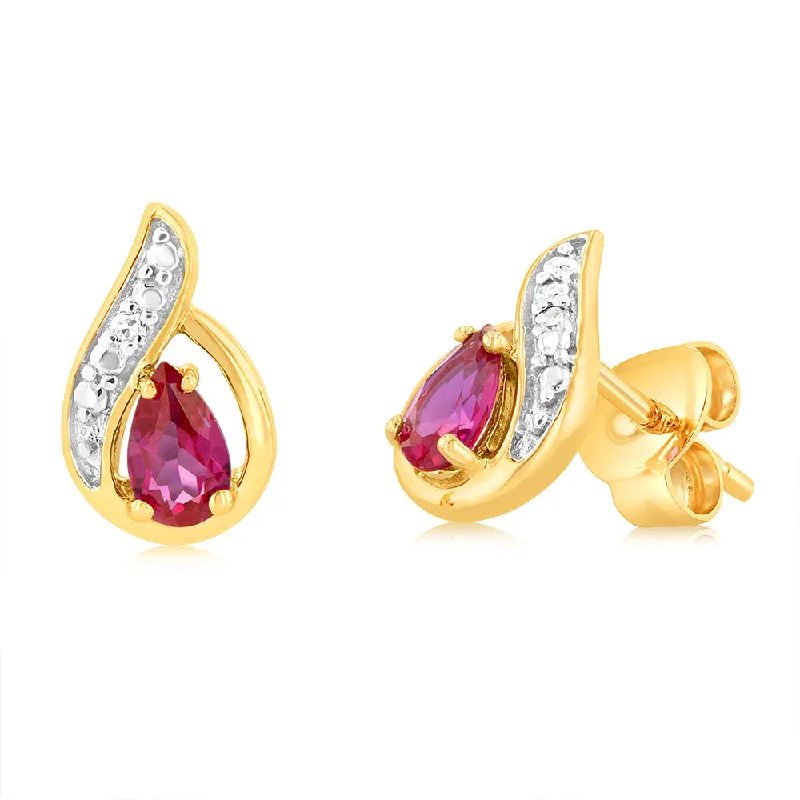 Indian Stud Earrings with Intricacy -Created Ruby 3x5mm Stud Earrings in 9ct Yellow Gold