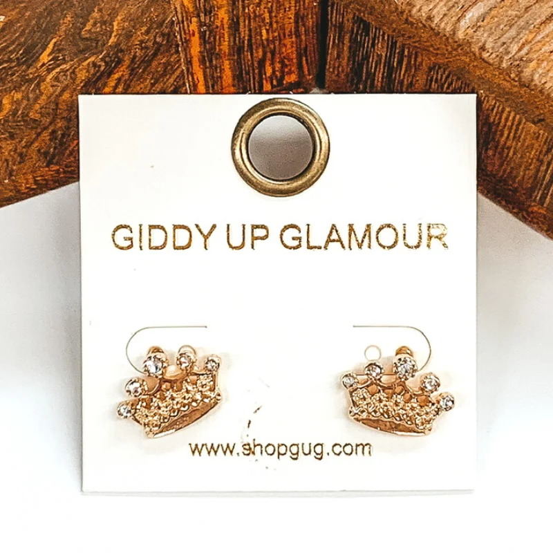 Stud Earrings with Chevron Designs -Crystal Crown Stud Earrings in Gold