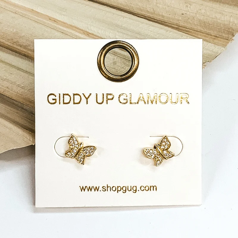 Stud Earrings for Beach Outfit -Dainty Butterfly Shaped Stud Earrings with CZ Crystals in Gold