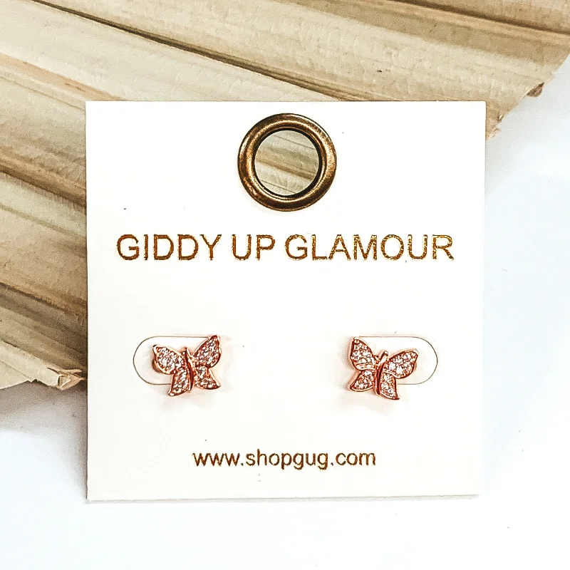 Stud Earrings for Evening Gown -Dainty Butterfly Shaped Stud Earrings with CZ Crystals in Rose Gold