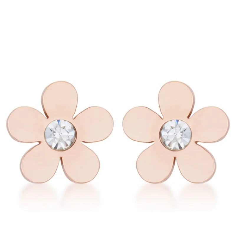 Stud Earrings for Yoga Session -Daisy 0.3Ct Cz Rose Gold Stainless Steel Flower Stud Earrings - Rose Gold - N/A