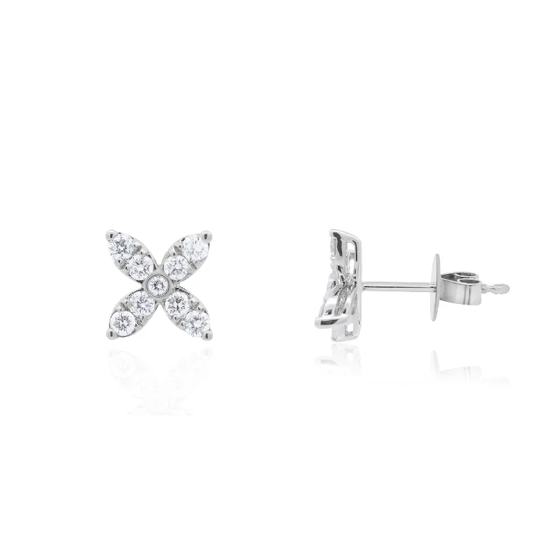 Screw Back Stud Earrings for Security -Diamond Flower Petal Stud Earrings