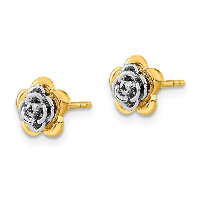 Vintage Stud Earrings with Patina -Diamond2Deal 14k Two-tone Gold Flower Post Stud Earrings (L-7.5mm, W-7.5mm)