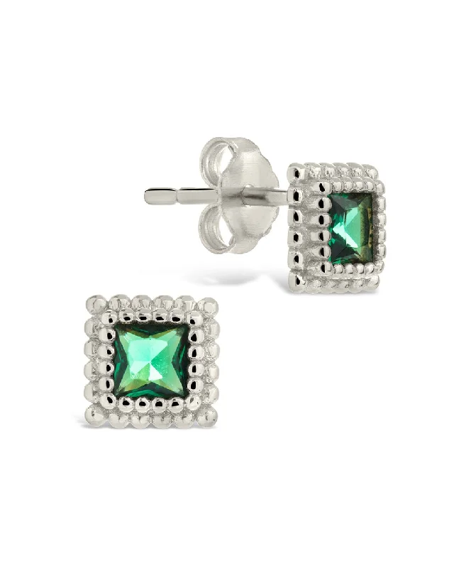 Sterling Silver Square Emerald CZ Diana Stud Earrings