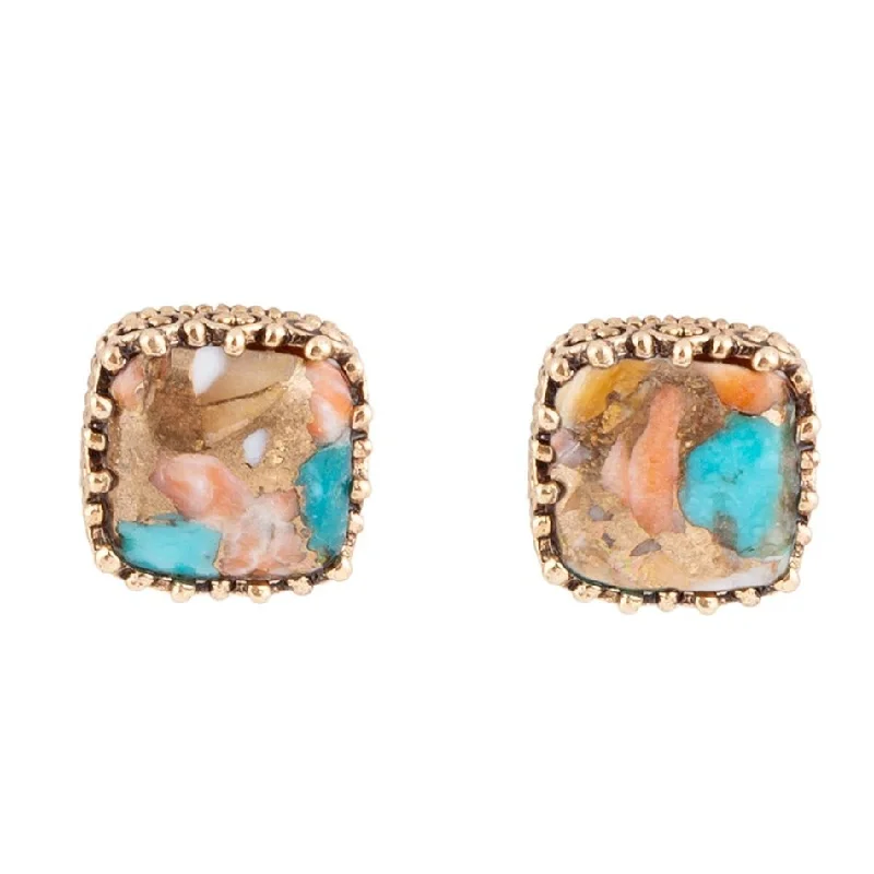 Stud Earrings for Prom Night -Empire Blue Turquoise and Orange Spiny Matrix Golden Stud Earrings