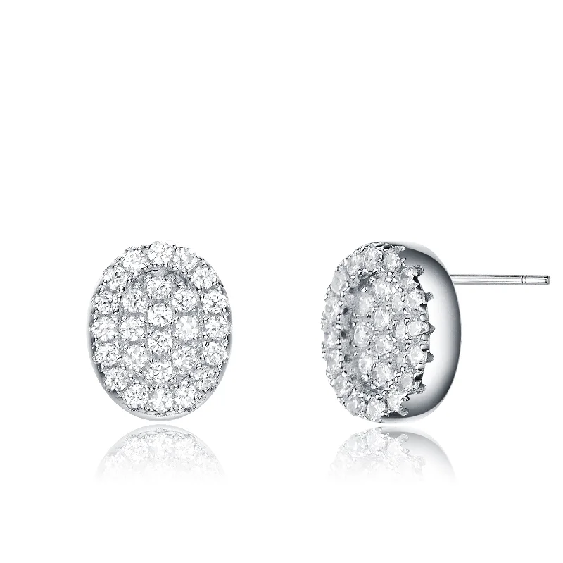 Ethnic Stud Earrings with Tribal Design -GENEVIVE Sterling Silver Cubic Zirconia Pave Oval Stud Earrings