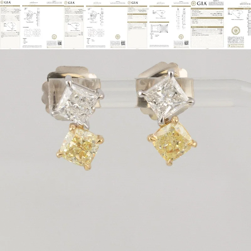 Stud Earrings with Crown Designs -GIA 14k White / Yellow Gold Square & Cushion Diamond Stud Earrings 4.18ctw