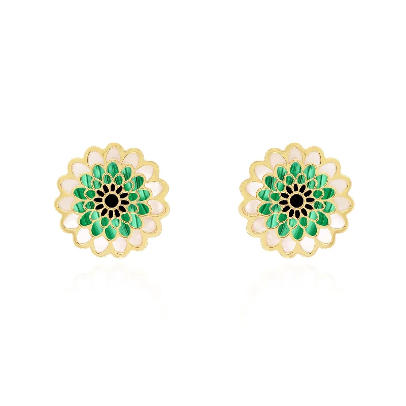 Silver Stud Earrings for Men -Green Dahlia Flower Stud Earrings