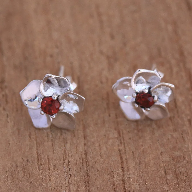 Gemstone Stud Earrings for Color -Jepun Soul Flower Garnet & Silver Stud Earrings