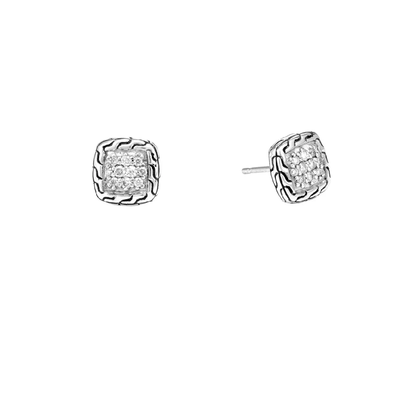 Silver Stud Earrings for Men -John Hardy Classic Chain Sterling Silver Diamond Pavé Stud Earrings