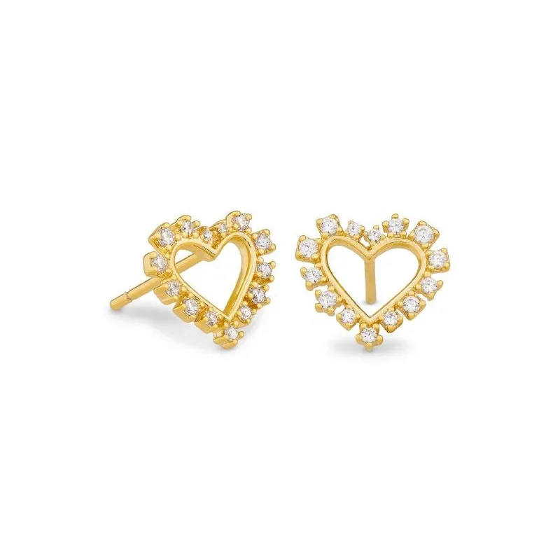 Stud Earrings with Polished Shine -Kendra Scott | Ari Heart Gold Stud Earrings in White Crystal