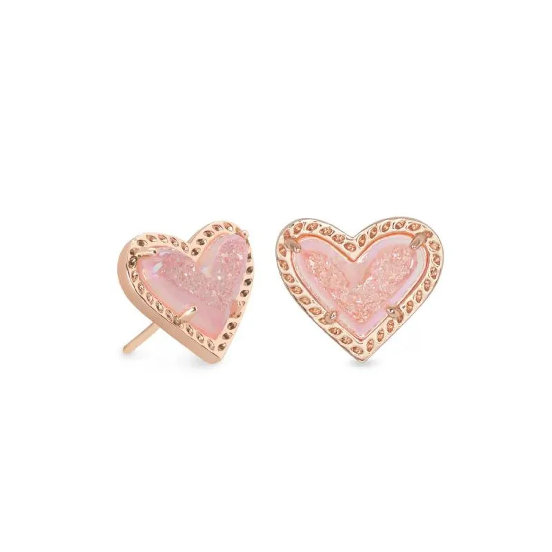 Stud Earrings with Debossed Designs -Kendra Scott | Ari Heart Rose Gold Stud Earrings in Light Pink Drusy