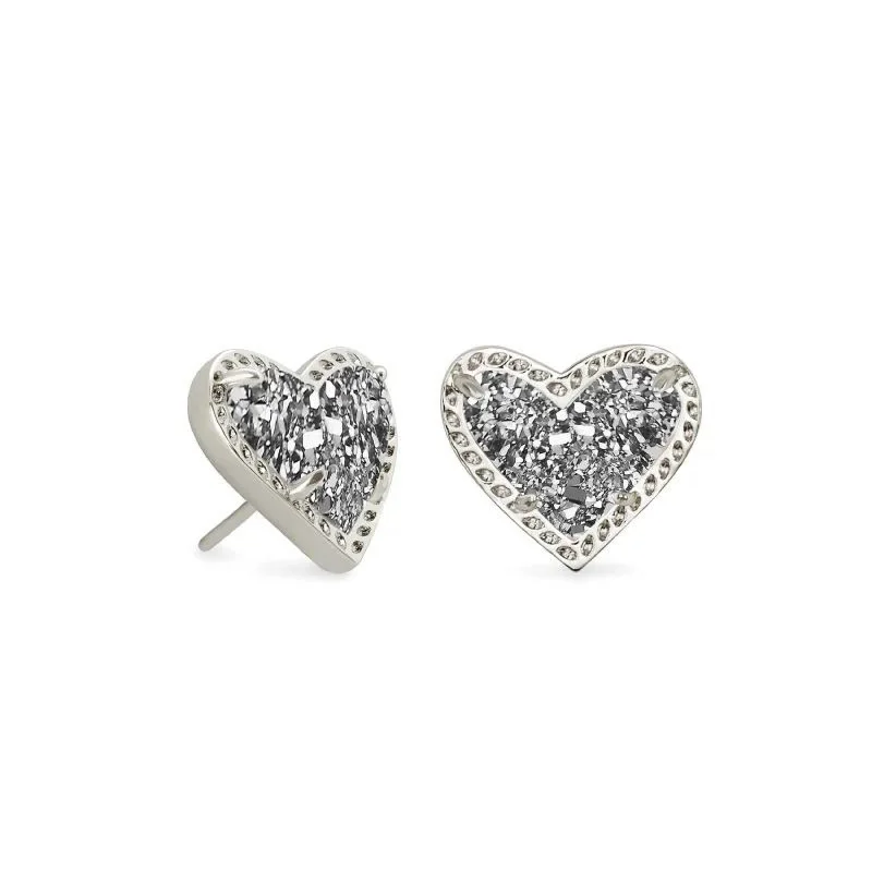 Stud Earrings with Embossed Patterns -Kendra Scott | Ari Heart Silver Stud Earrings in Platinum Drusy