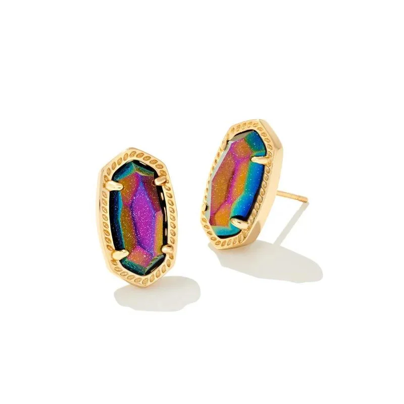 Clip On Stud Earrings for Non Pierced -Kendra Scott | Ellie Gold Stud Earrings in Iridescent Blue Goldstone