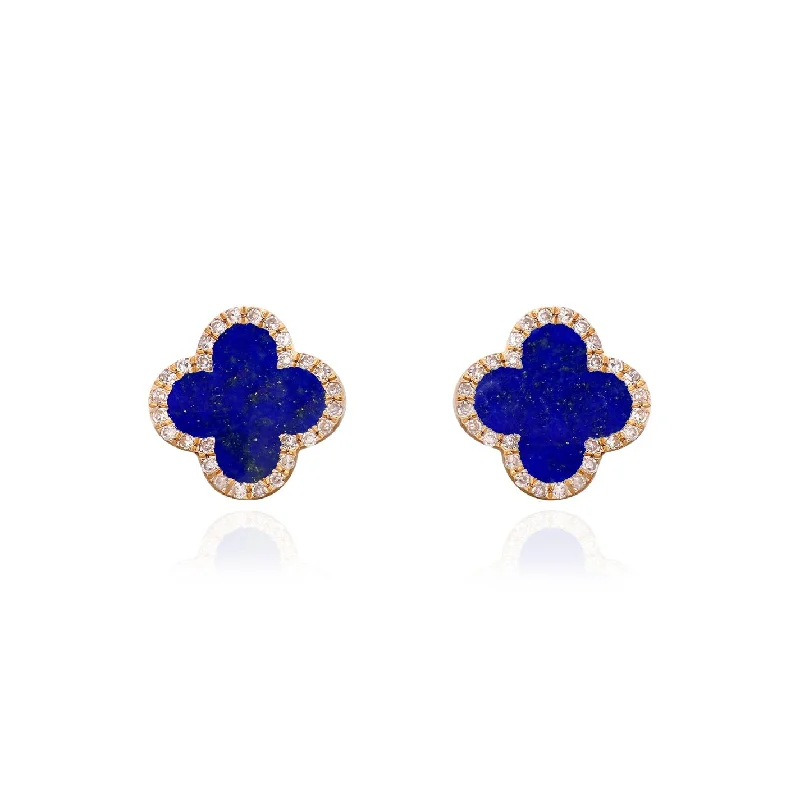 Stud Earrings with Polished Shine -Lapis Diamond Clover Stud Earrings