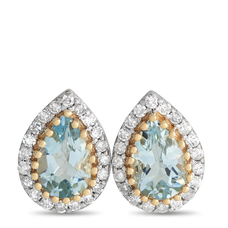 Tarnish Resistant Stud Earrings for Longevity -LB Exclusive 14K Yellow Gold 0.17ct Diamond and Aquamarine Pear Halo Stud Earrings ER4-15272YAQ