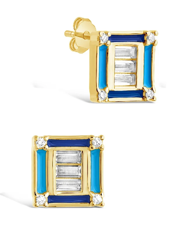 Stud Earrings with Symbolic Elements -Luella CZ & Enamel Square Stud Earrings