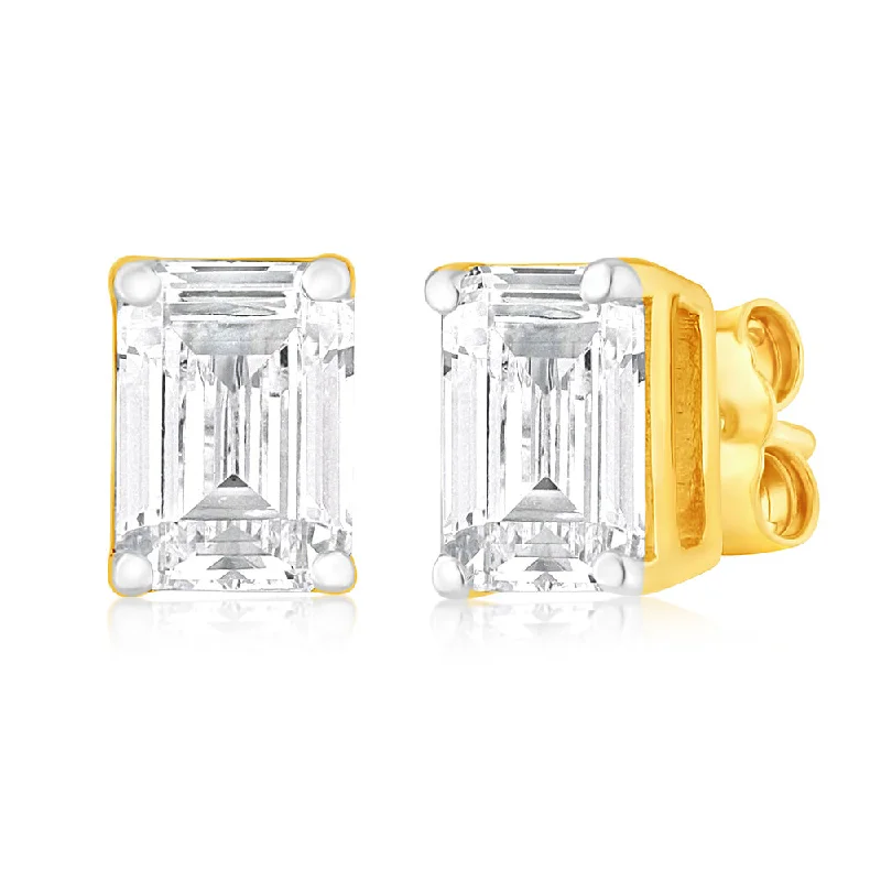 Stud Earrings with Crown Designs -Luminesce Lab Grown Emerald Shaped 1 Carat Diamond Stud Earrings in 14ct Yellow Gold