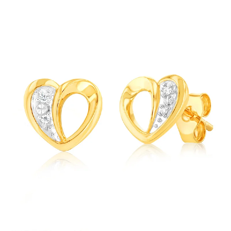 Stud Earrings with Knot Designs -Luminesce Lab Grown Heart Shaped Stud Earrings With 4 Diamonds in 9ct Yellow Gold